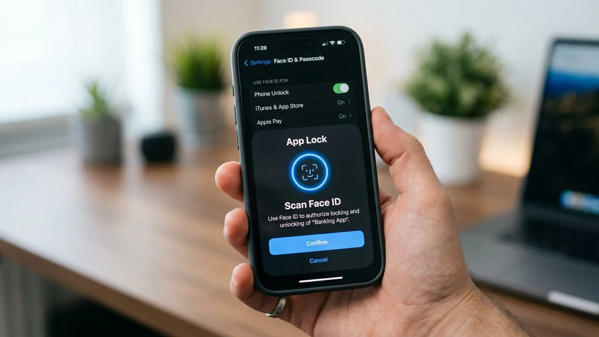Интерфейс блокировки приложений через Face ID на iPhone